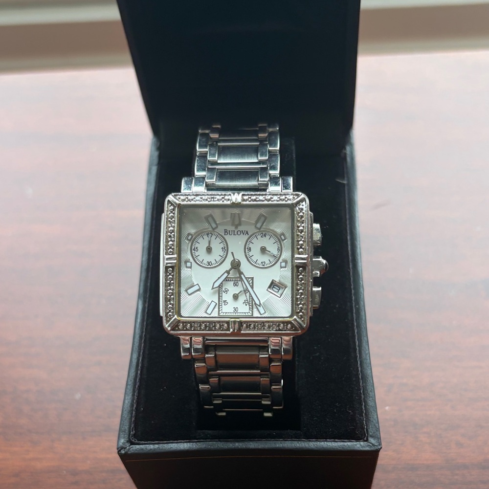 Bulova Silver-Tone Square Chronograph with Crystal Accents